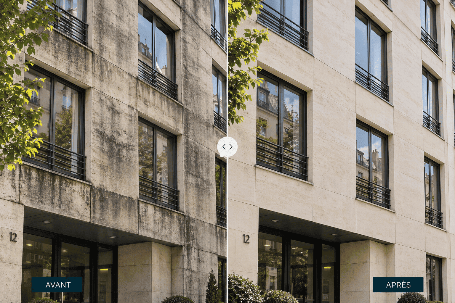 Façade d'immeuble en pierre agrafée avant et après